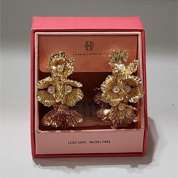 House of‎ Harlow 1969 Gold Flower and Faux Pearl Hoop Earrings New! - Picture 1 of 11